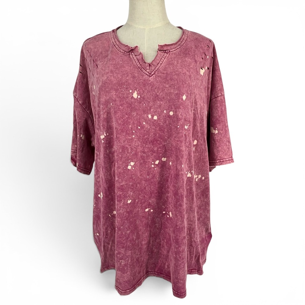 Blue Velvet Magenta Mineral Wash Bleach Splatter Distressed V-Neck T-Shirt M NWT